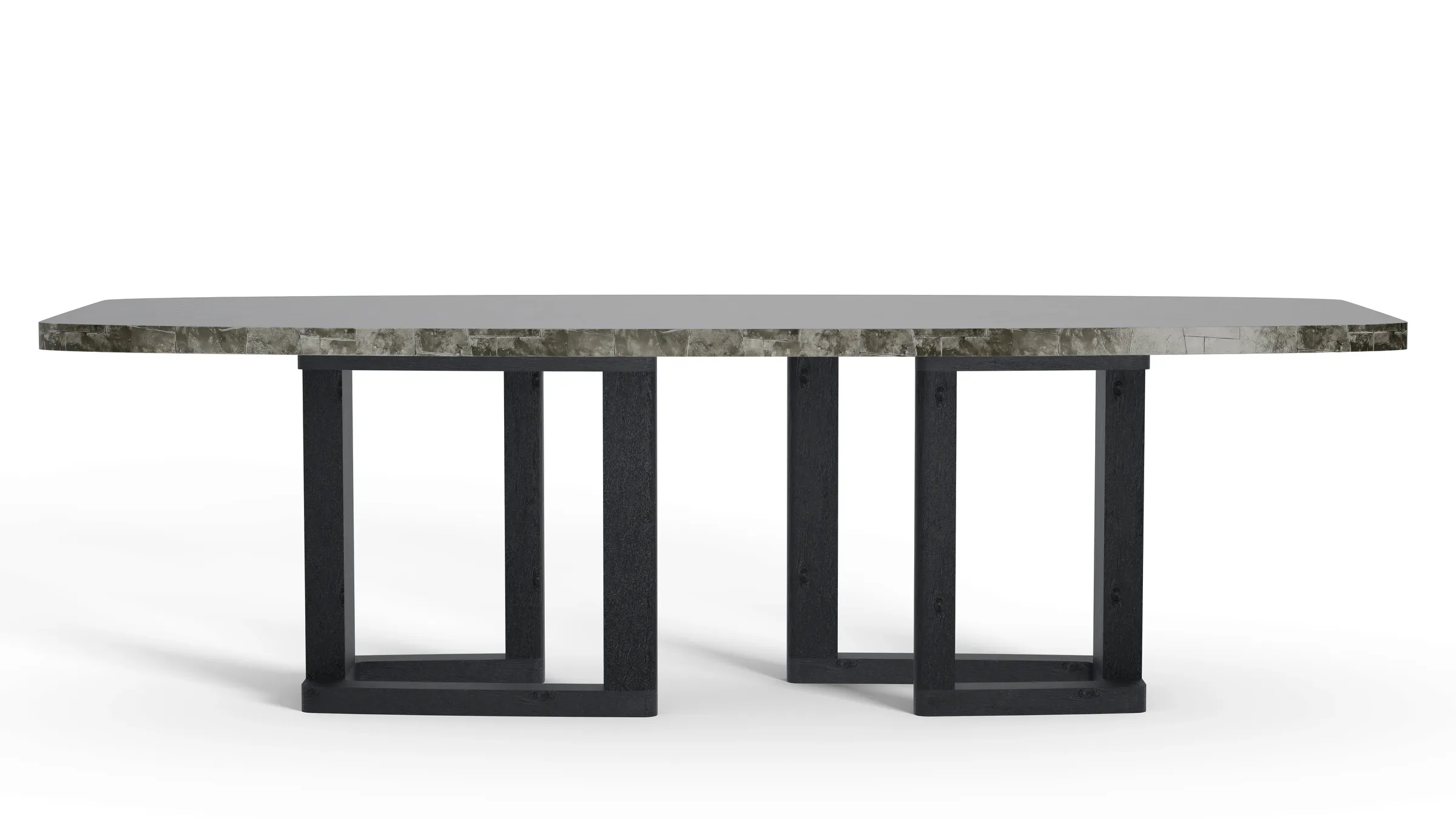 Void Dining Table with silver pyrite top and teak legs